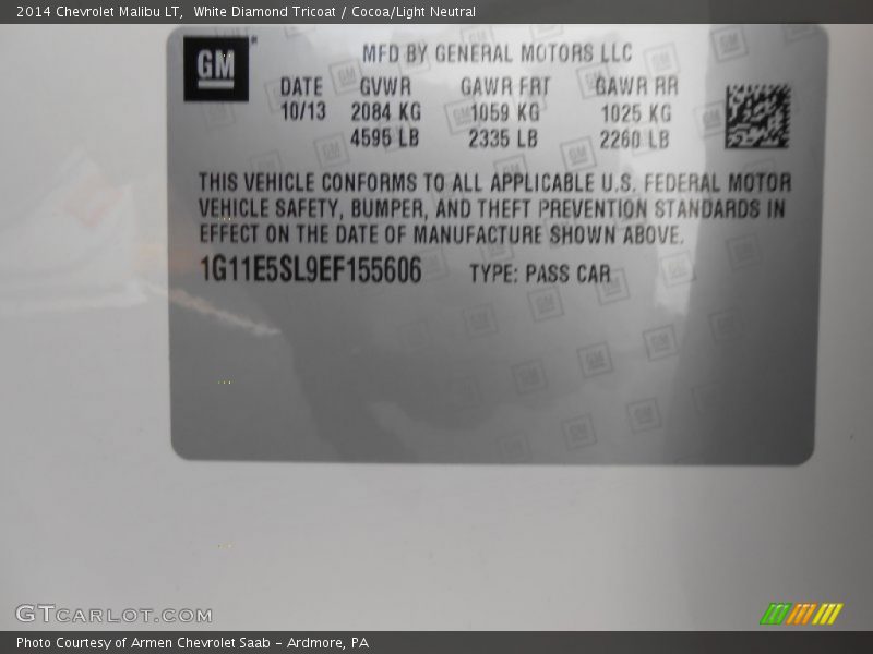 White Diamond Tricoat / Cocoa/Light Neutral 2014 Chevrolet Malibu LT