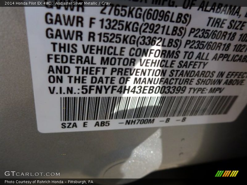 Alabaster Silver Metallic / Gray 2014 Honda Pilot EX 4WD