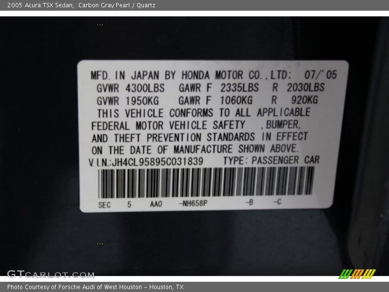 2005 TSX Sedan Carbon Gray Pearl Color Code NH658P