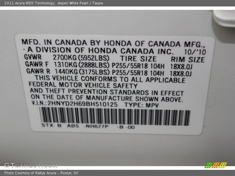 Aspen White Pearl / Taupe 2011 Acura MDX Technology