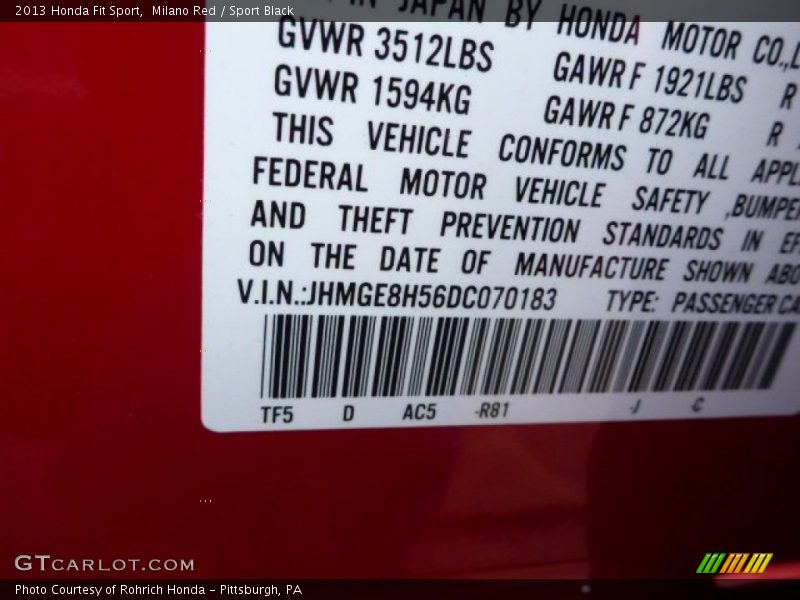 Milano Red / Sport Black 2013 Honda Fit Sport