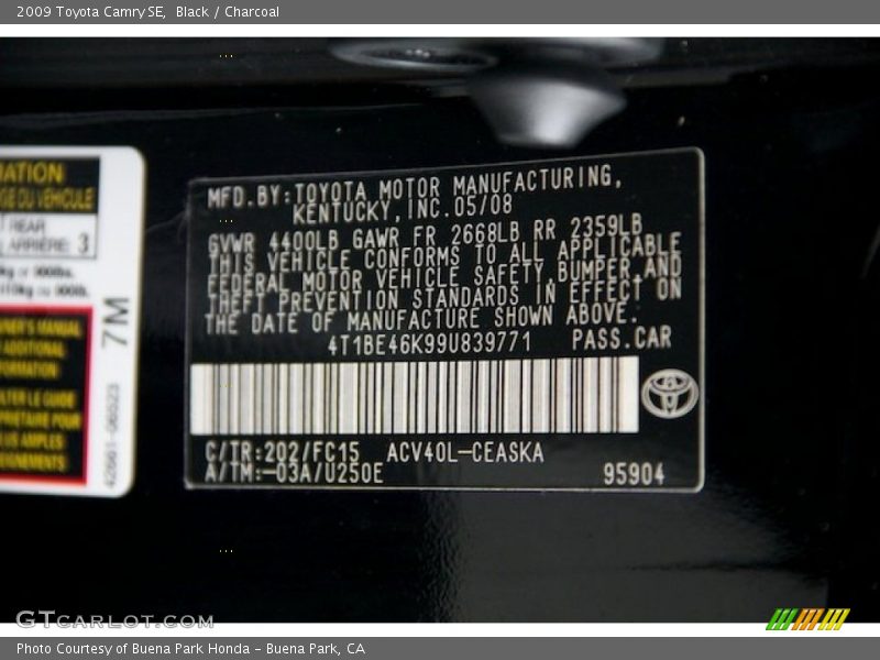 Black / Charcoal 2009 Toyota Camry SE