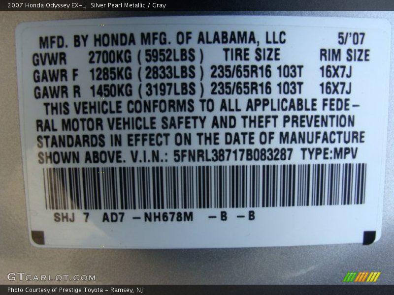 Silver Pearl Metallic / Gray 2007 Honda Odyssey EX-L