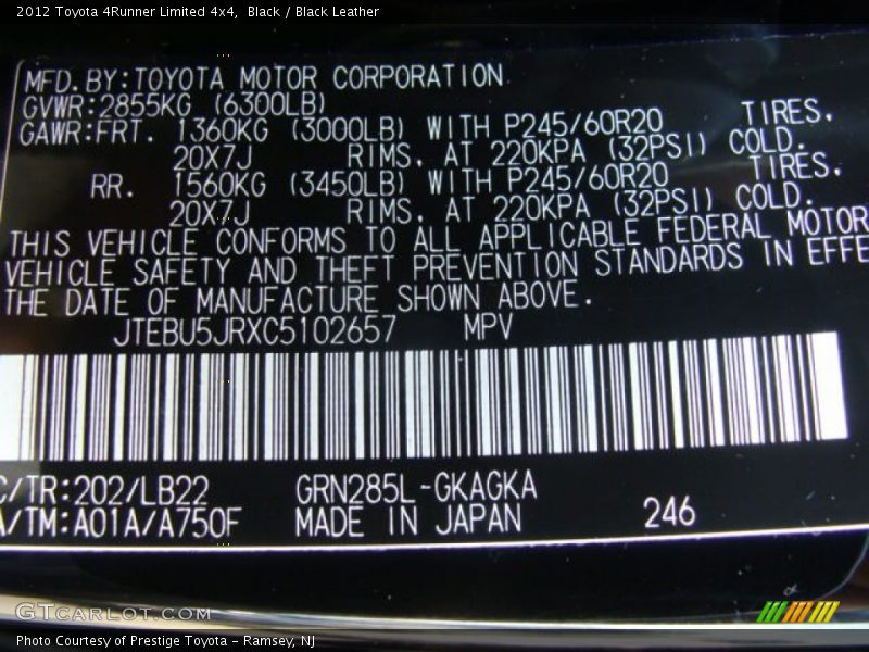 Black / Black Leather 2012 Toyota 4Runner Limited 4x4