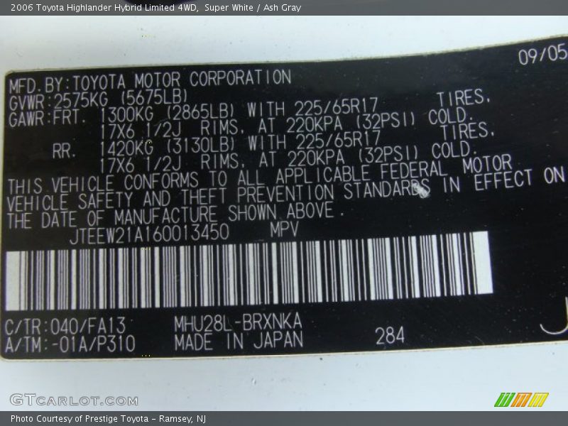 Super White / Ash Gray 2006 Toyota Highlander Hybrid Limited 4WD