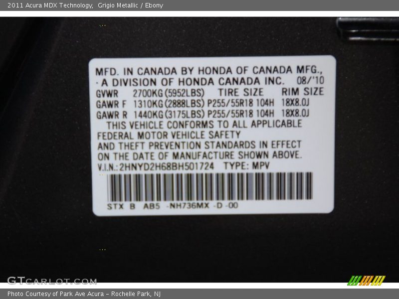 Grigio Metallic / Ebony 2011 Acura MDX Technology