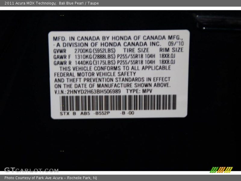 Bali Blue Pearl / Taupe 2011 Acura MDX Technology