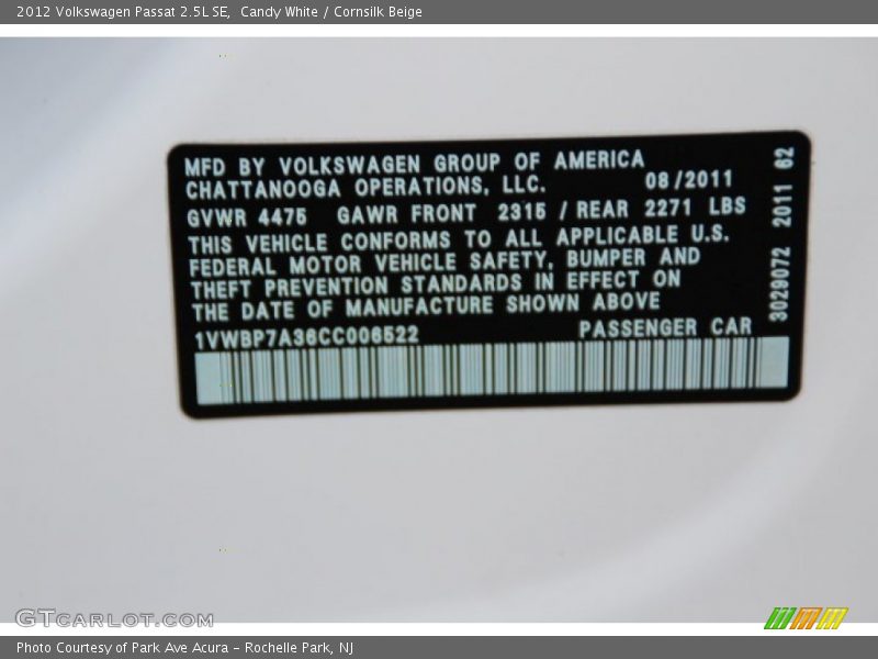 Candy White / Cornsilk Beige 2012 Volkswagen Passat 2.5L SE