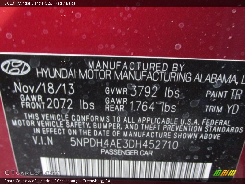 Red / Beige 2013 Hyundai Elantra GLS