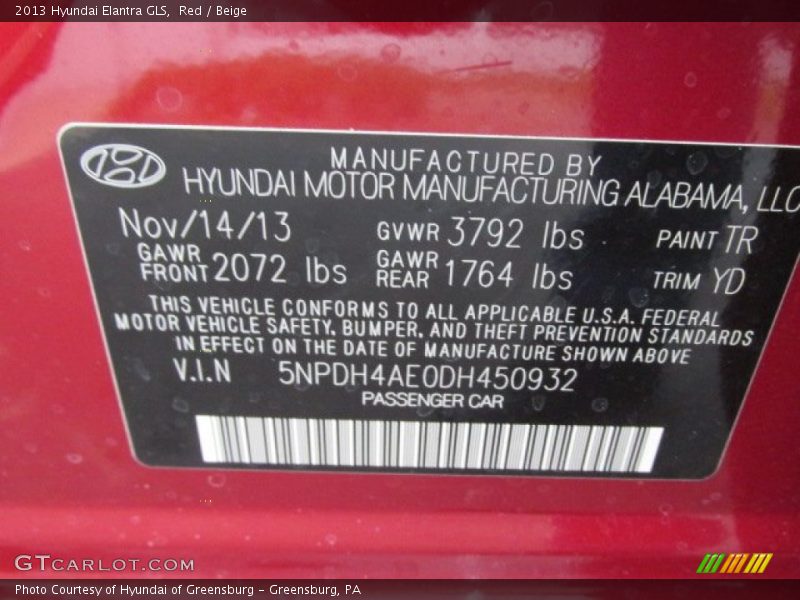 Red / Beige 2013 Hyundai Elantra GLS