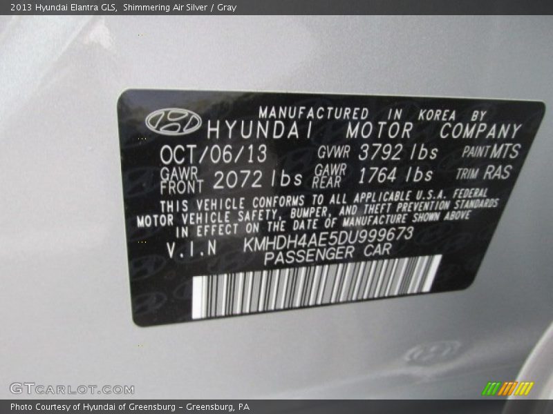 Shimmering Air Silver / Gray 2013 Hyundai Elantra GLS