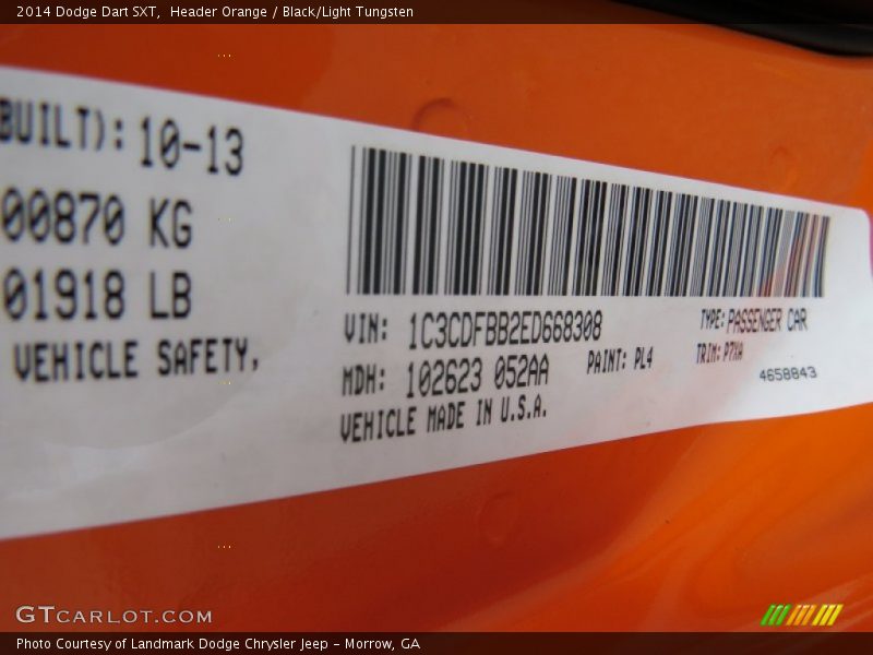 Header Orange / Black/Light Tungsten 2014 Dodge Dart SXT