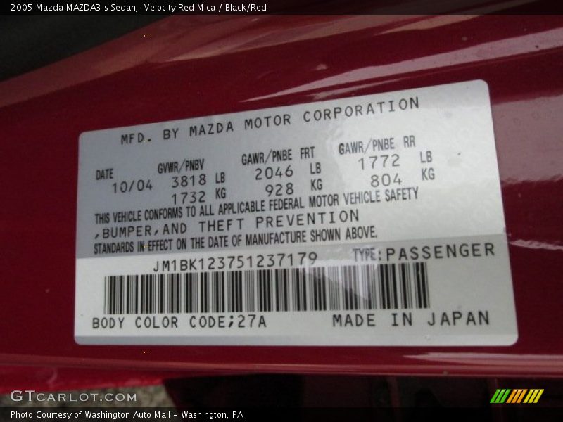 Velocity Red Mica / Black/Red 2005 Mazda MAZDA3 s Sedan