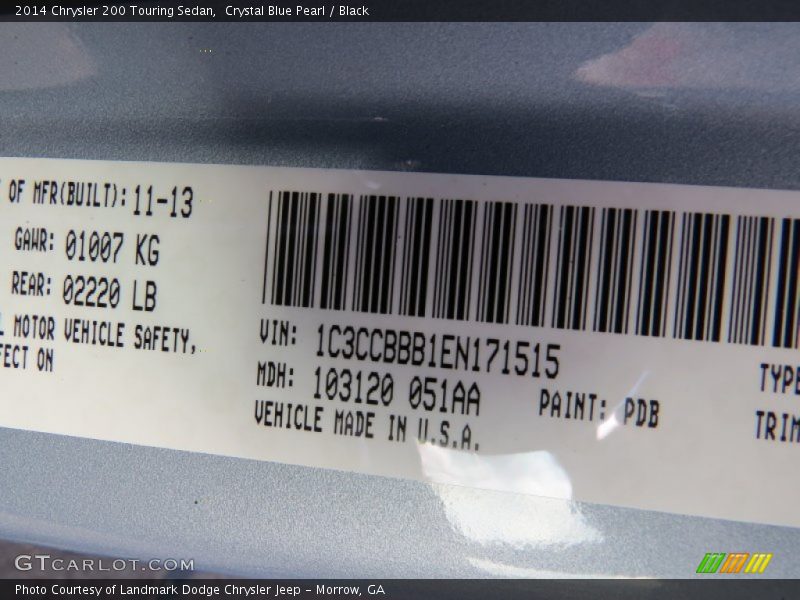 Crystal Blue Pearl / Black 2014 Chrysler 200 Touring Sedan