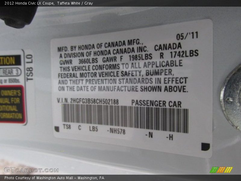 Taffeta White / Gray 2012 Honda Civic LX Coupe