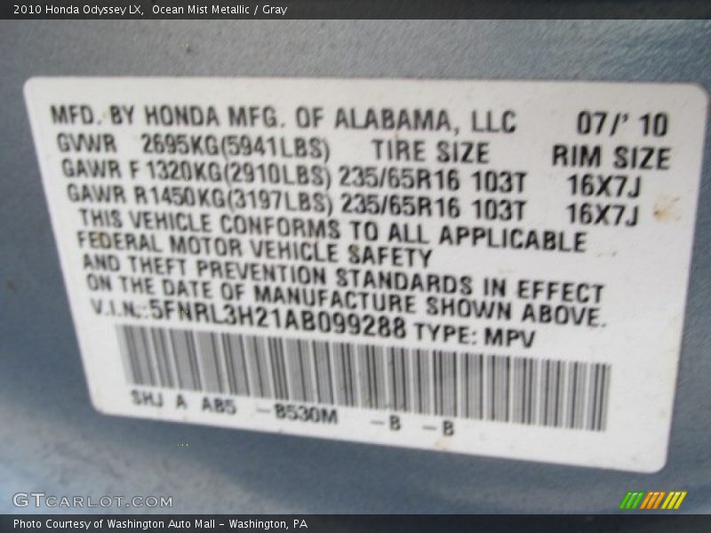 Ocean Mist Metallic / Gray 2010 Honda Odyssey LX