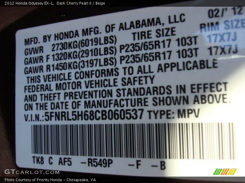 Dark Cherry Pearl II / Beige 2012 Honda Odyssey EX-L