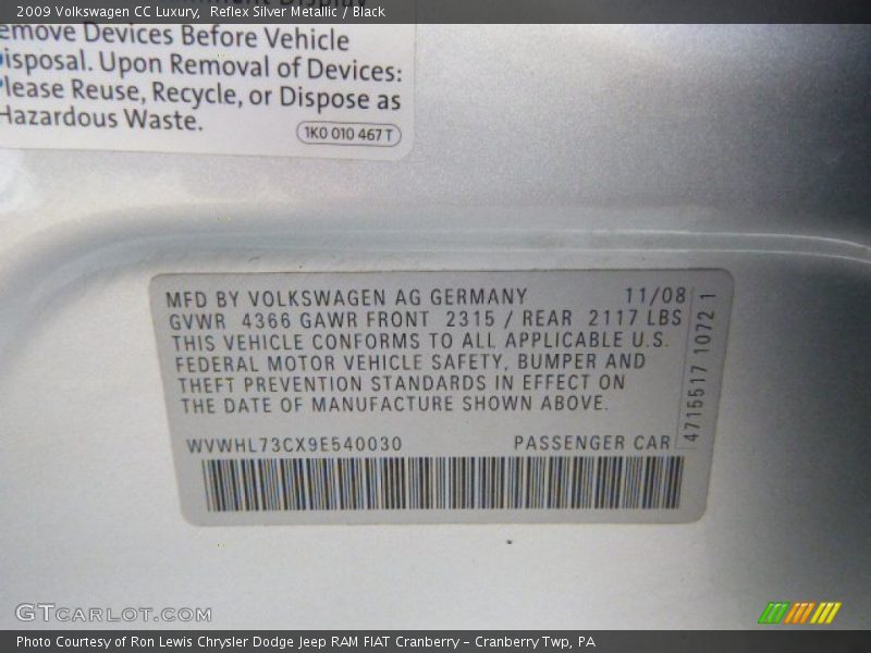 Reflex Silver Metallic / Black 2009 Volkswagen CC Luxury
