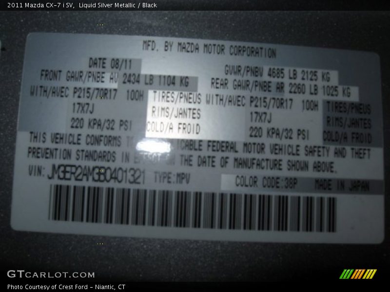 Liquid Silver Metallic / Black 2011 Mazda CX-7 i SV