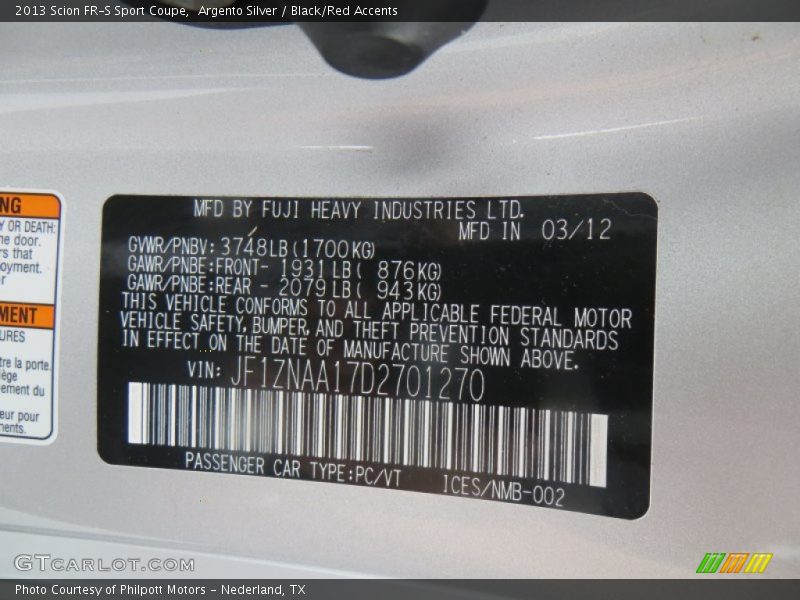 Argento Silver / Black/Red Accents 2013 Scion FR-S Sport Coupe