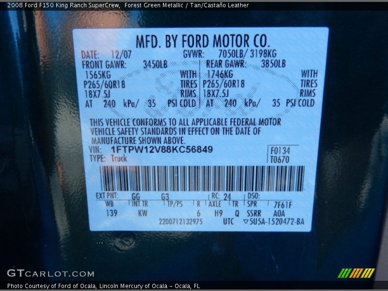 Forest Green Metallic / Tan/Castaño Leather 2008 Ford F150 King Ranch SuperCrew
