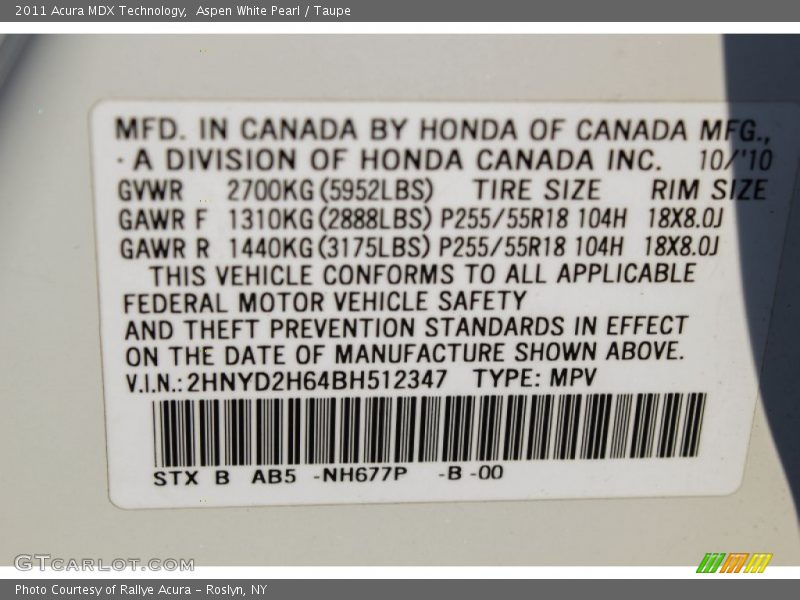 Aspen White Pearl / Taupe 2011 Acura MDX Technology