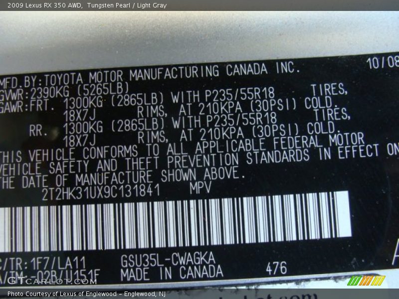 Tungsten Pearl / Light Gray 2009 Lexus RX 350 AWD