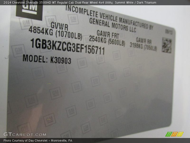 Summit White / Dark Titanium 2014 Chevrolet Silverado 3500HD WT Regular Cab Dual Rear Wheel 4x4 Utility