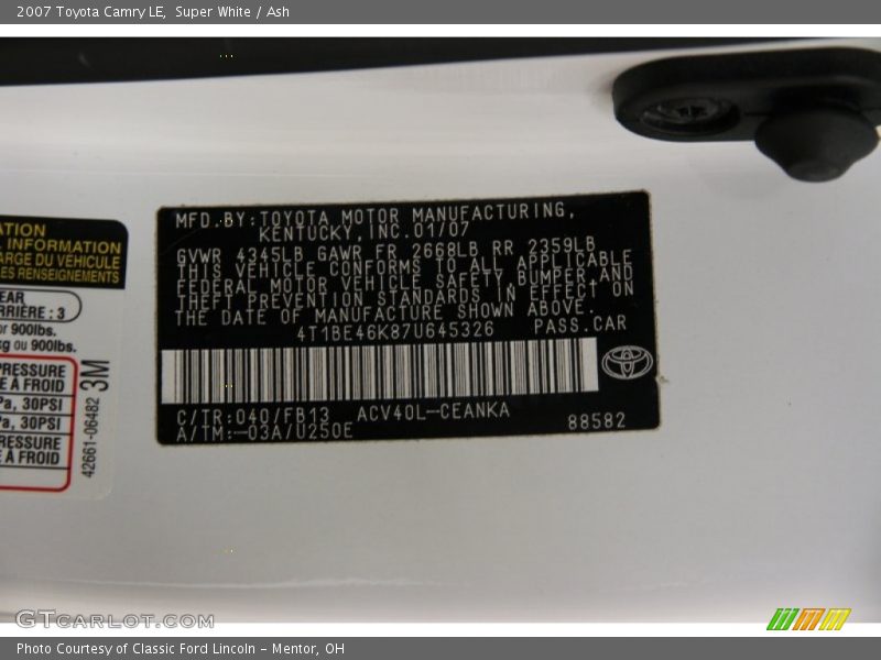 Super White / Ash 2007 Toyota Camry LE