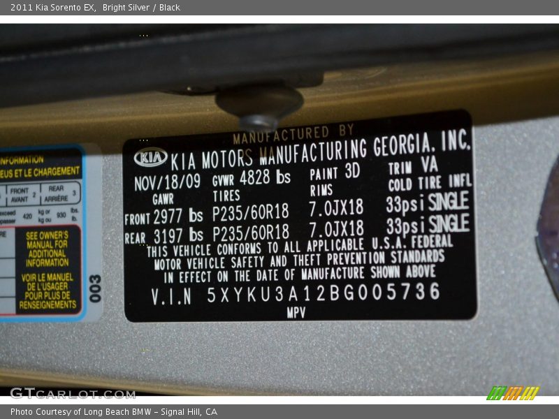 Bright Silver / Black 2011 Kia Sorento EX