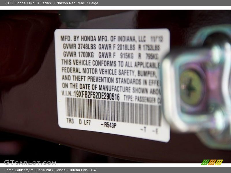 Crimson Red Pearl / Beige 2013 Honda Civic LX Sedan