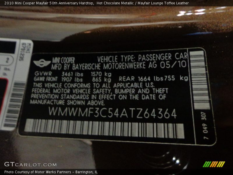 Hot Chocolate Metallic / Mayfair Lounge Toffee Leather 2010 Mini Cooper Mayfair 50th Anniversary Hardtop