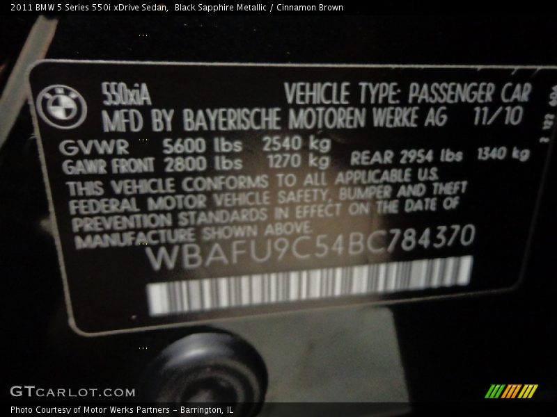Black Sapphire Metallic / Cinnamon Brown 2011 BMW 5 Series 550i xDrive Sedan