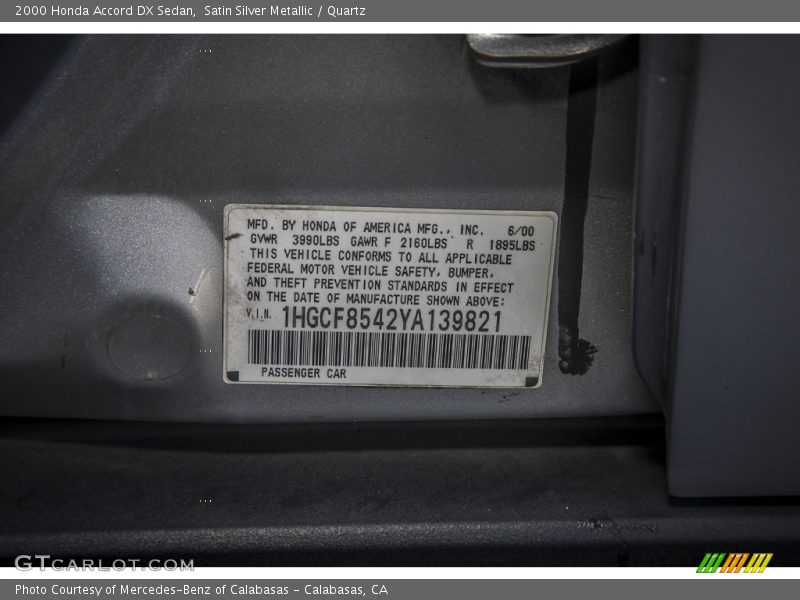 Satin Silver Metallic / Quartz 2000 Honda Accord DX Sedan