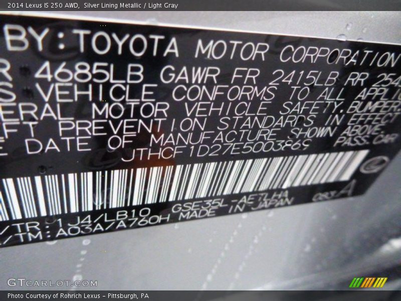 Silver Lining Metallic / Light Gray 2014 Lexus IS 250 AWD