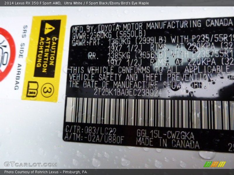2014 RX 350 F Sport AWD Ultra White Color Code 083