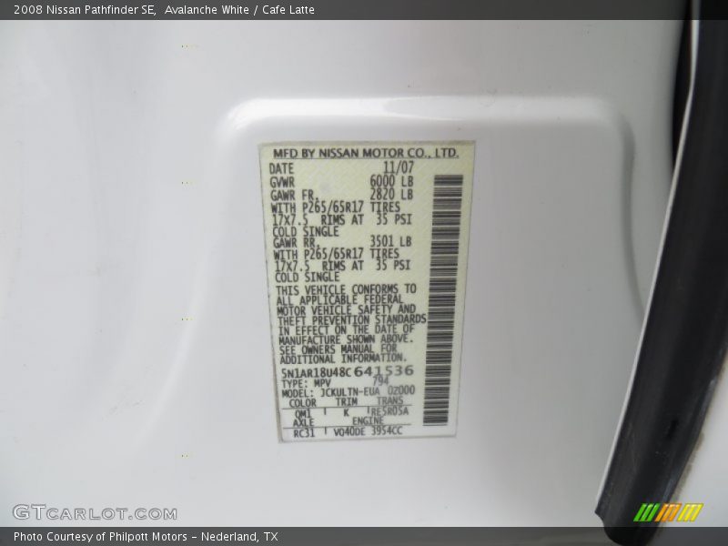 Avalanche White / Cafe Latte 2008 Nissan Pathfinder SE