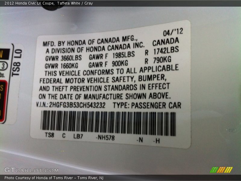 Taffeta White / Gray 2012 Honda Civic LX Coupe