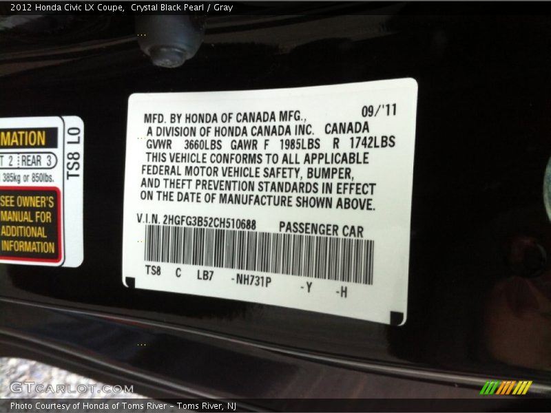Crystal Black Pearl / Gray 2012 Honda Civic LX Coupe