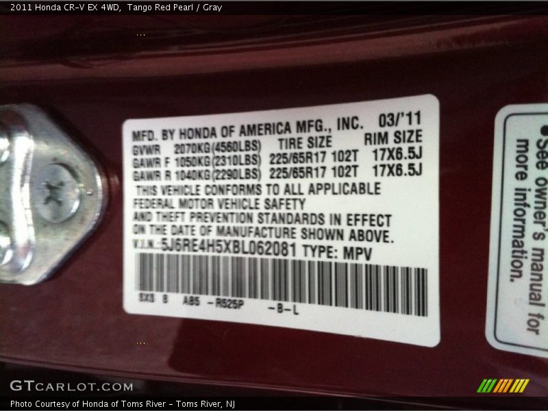Tango Red Pearl / Gray 2011 Honda CR-V EX 4WD