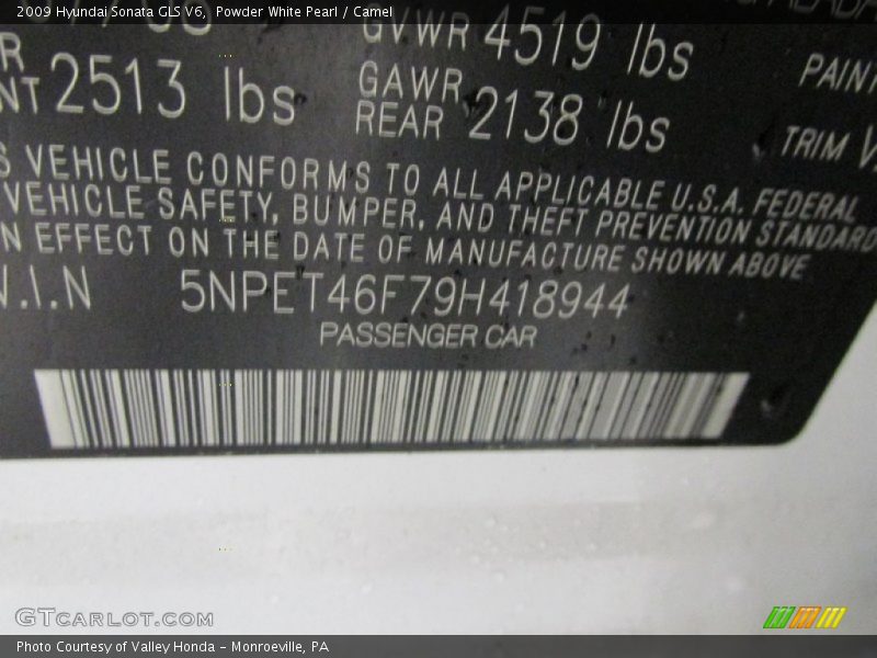 Powder White Pearl / Camel 2009 Hyundai Sonata GLS V6