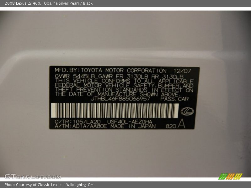 Opaline Silver Pearl / Black 2008 Lexus LS 460