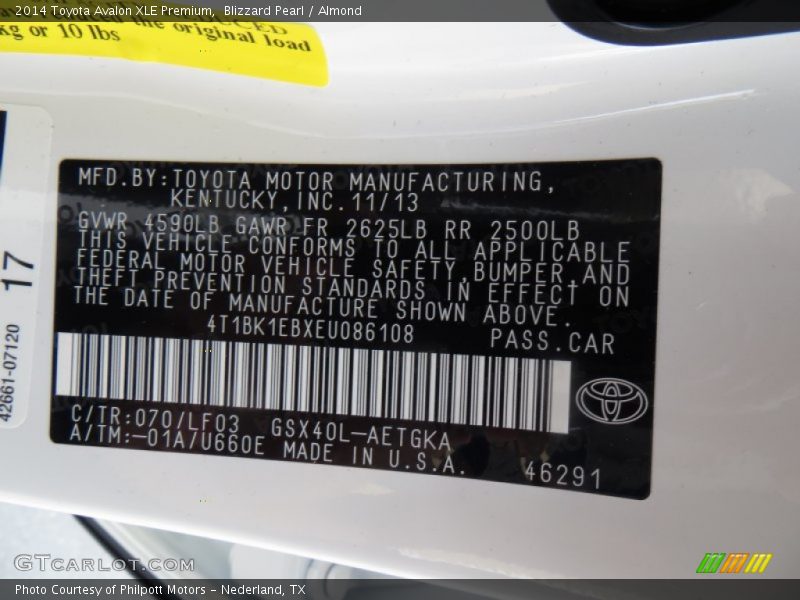 2014 Avalon XLE Premium Blizzard Pearl Color Code 070
