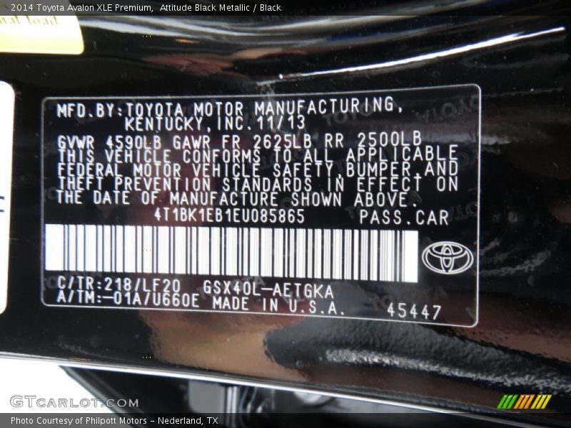 2014 Avalon XLE Premium Attitude Black Metallic Color Code 218
