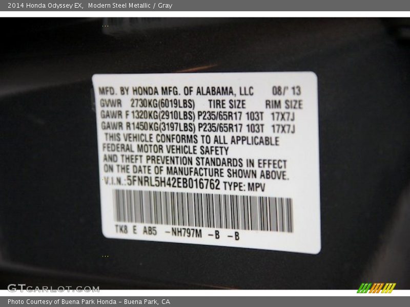 Modern Steel Metallic / Gray 2014 Honda Odyssey EX