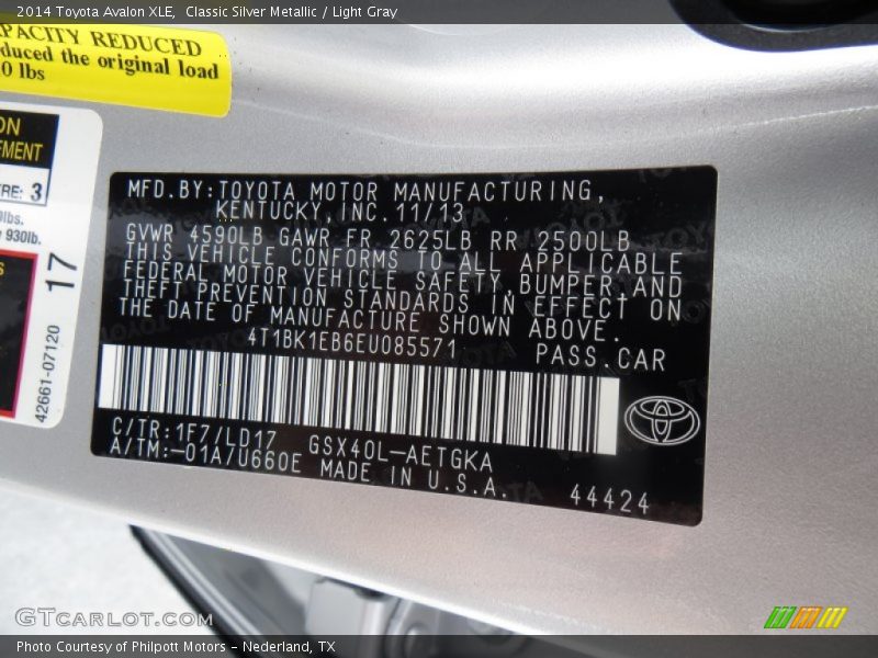 2014 Avalon XLE Classic Silver Metallic Color Code 1F7