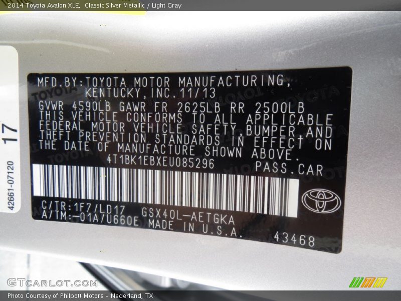 2014 Avalon XLE Classic Silver Metallic Color Code 1F7