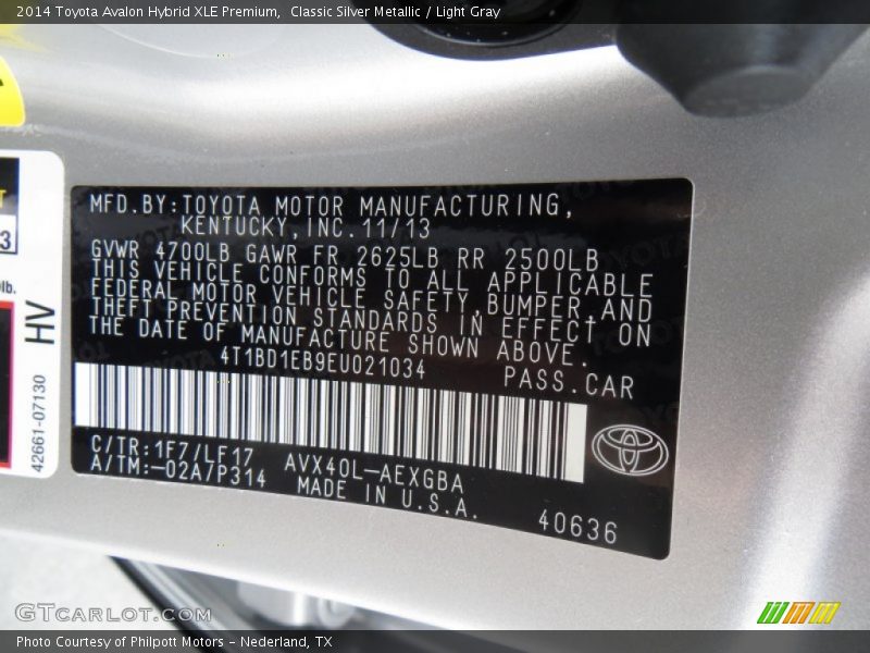 2014 Avalon Hybrid XLE Premium Classic Silver Metallic Color Code 1F7