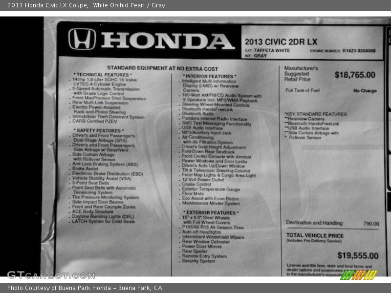 White Orchid Pearl / Gray 2013 Honda Civic LX Coupe