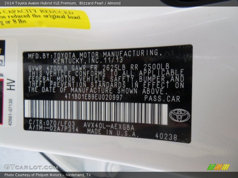 2014 Avalon Hybrid XLE Premium Blizzard Pearl Color Code 070